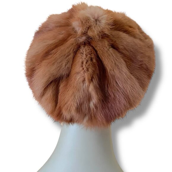 Vintage 1960s Womens Red-Brown Mink Fur Beret Pom Pom Hat Boho Mod Winter Toque - Picture 6 of 13